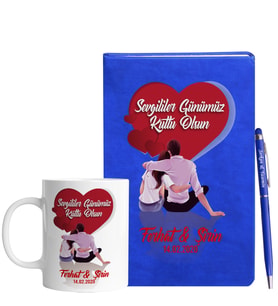 Sevgililer Gününe Özel Mavi Defter Kalem & Kupa Hediye Seti 1
