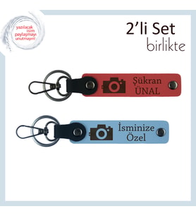 Objektife Yansıyan Duygular, Kamera Desenli Kişiye Özel 2’li Anahtarlık Seti, Nar Çiçeği-Gök Mavi