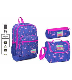 Coral High USB ve AUX Çıkışlı Okul Çanta Seti - Kız Çocuk - Mor Flamingo Baskılı