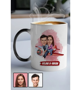 Çiftlere Özel Hediye Uçak Temalı Karikatürlü Sihirli Kupa Bardak