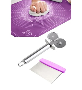 3'lü Set Silikon Hamur Açma Matı & Pizza Hamur Börek Kesici & Hamur Kesme Spatulası