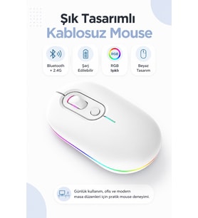Beyaz Şarjlı Kablosuz Mouse Bluetooth 5.2 + 2.4G Çift Modlu Sessiz Tuşlu RGB Işıklı 800 1200 1600 DPI Type-C Şarjlı Ergonomik Mouse