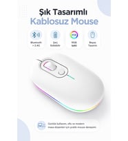 Beyaz Şarjlı Kablosuz Mouse Bluetooth 5.2 + 2.4G Çift Modlu Sessiz Tuşlu RGB Işıklı 800 1200 1600 DPI Type-C Şarjlı Ergonomik Mouse
