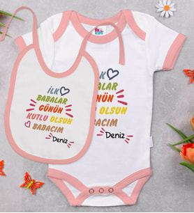 BK Kids Kişiye Özel Babalar Günün Kutlu Olsun Tasarımlı Pembe Bebek Body Zıbın ve Mama Önlüğü Hediye Seti