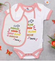 BK Kids Kişiye Özel Babalar Günün Kutlu Olsun Tasarımlı Pembe Bebek Body Zıbın ve Mama Önlüğü Hediye Seti