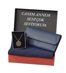 Anneler Günü Lacivert Şal Carlino Cüzdan Ve Çelik Kolye