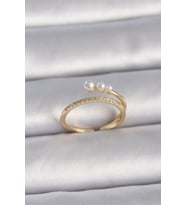 Pirinç Gold Renk Ayarlanabilir Zirkon Taşlı İncili Model Kadın Yüzük (Altın)