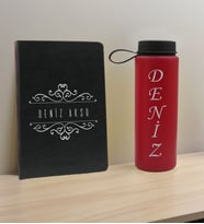 BK Gift Kişiye Özel İsimli Siyah Defter ve Kırmızı Cam Matara Hediye Seti-8, Sevgiliye Hediye, Arkadaşa Hediye, Yeni İş Hediyesi