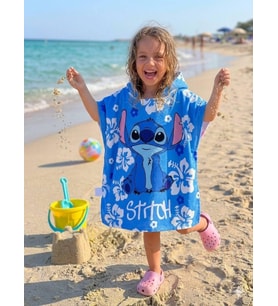 Cg Kids Stitch Karakter Baskılı Kapüşonlu Çocuk Panço Plaj ve Havuz Havlusu - Mavi