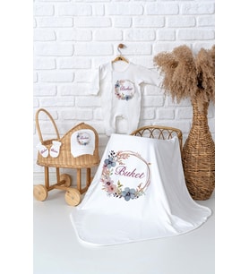 Pia Baby Premium  %100 Pamuk İsme Özel Kız Bebek Battaniye Tulum Hastane Çıkışı Hediye Seti 5029-05 (Ekru)