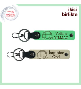 Kamp Alanlarında Başlayan Aşklara, Karavan Desenli Deri Anahtarlık x2’li, Fıstık Yeşil-Sütlü Kahve