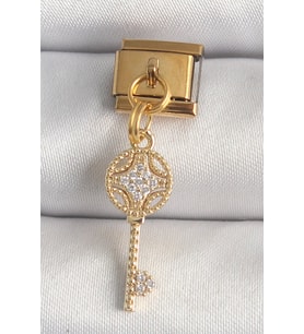 316L Çelik Gold Renk Sallantı Zirkon Taşlı Anahtar Model Nomination Charm - TJ-BC1347