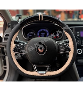 Renault Talisman Dikme Direksiyon Kılıfı Parlak Siyah Bej Detaylı Bej Çift Yüzük ve Dikiş 2015-2022