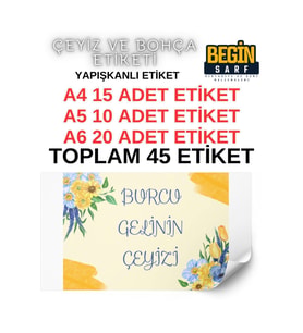 A4 A5 A6 45 Adet Çeyiz Bohça Koli Paket Etiketi Isme Özel Yapışlanlı Etiket 009