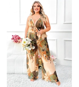 ÖzelTasarım Büyük Beden Çiçek Desenli İnce Askılı 2'li Pijama Takımı (Çok Renkli)