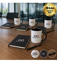 Logonuza Özel 10 Adet Siyah Defter, Metal Kalem ve Baskılı Kupa Kurumsal Hediye Seti