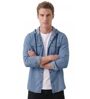 DeepSEA Mavi Kapüşonlu Likralı Kot Gömlek – Slim Fit Çıt Çıt Kapamalı Erkek Gömlek 2300396