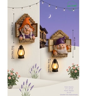 Dekoratif Fenerli Welcome Cüce Çifti 2li Set Dekoratif Kapı ve Duvar Süsü (Renk Seçenekli) 17x15 cm.