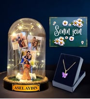 Size Özel Hazırlanacak Hediye Seti, İsimli 3 Fotoğraflı Led Işıklı Fanus ve Kelebek Kolye (Model 2)
