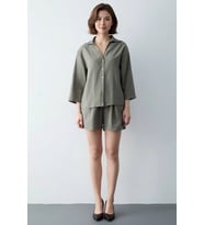Kadın Oversize Modal Gömlek Şort Takımı Truvakar Kol Kaçık Yaka Lastikli Bel Rahat Kesim Günlük