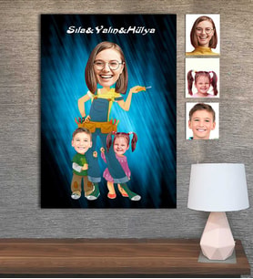 Kişiye Özel Karikatür Baskılı Ahşap Tablo Aile 30x40 -9