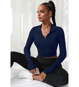 Kadın Lacivert Uzun Kol Fermuarlı Parmak Geçme Detaylı Dik Yaka Crop Top Bluz