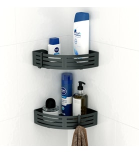 TEKNOTEL PASLANMAZ KANCALI BANYO KÖŞE RAFI SİYAH + SİYAH TABAN BK269H