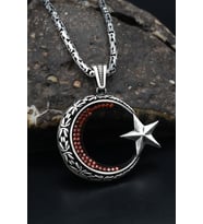 Ay Yıldızlı (AYYILDIZLI) Zirkon Taş Süslemeli Kral Zincirli 925 Ayar Gümüş Kolye 901078