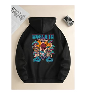 Unisex World İn Baskılı Oversize Baskılı Kapşonlu Sweatshirt 3 Iplik (Siyah)