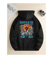 Unisex World İn Baskılı Oversize Baskılı Kapşonlu Sweatshirt 3 Iplik (Siyah)