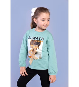 Toontoy Kız Çocuk Baskılı Kol Ucu Lastikli Tişört (Yeşil)