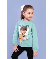 Toontoy Kız Çocuk Baskılı Kol Ucu Lastikli Tişört (Yeşil)