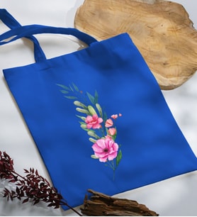 BK Gift Çiçek Tasarımlı Mavi Kumaş Bez Çanta, Baskılı Omuz Çantası, Alışveriş Çantası, Arkadaşa Hediye-1