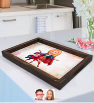 BK Gift Kişiye Özel Süper Anne ve Süper Çocuk Karikatürlü Doğal Ahşap Tepsi-1