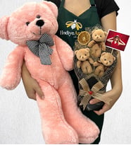 Kişiye Özel Fotoğraflı 3'lü Peluş Ayıcık Buketi ve Büyük Boy Pembe Peluş Ayıcık (Model 5)