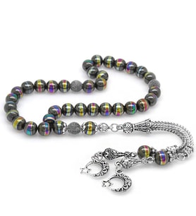 Kararmaz Metal Püsküllü Küre Kesim Multicolor Hematit Doğaltaş Tesbih (Gri)