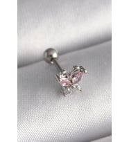 Mey İthalat® 316L Çelik Gümüş Renk Pembe Zirkon Taşlı Kelebek Tragus Piercing