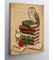 Kanvas Tablo Baykuş, Kitap ve Antik Saat
