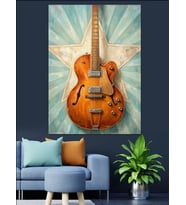 Yıldızlı Arka Planda Elektro Gitar Dekoratif Kanvas - Mdf Ahşap Tablo