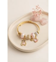Tedy Bear Model Gold Renk Pembe Charmlı Bileklik