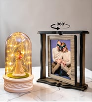 Kişiye Özel 2 Fotoğraflı Dönen Ahşap Çerçeve ve LED Işıklı Şans Melekli Fanus Hediye Seti