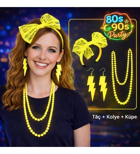 80’ler 90’lar Neon Sarı Parti Seti – Kolye Küpe Taç (5680)