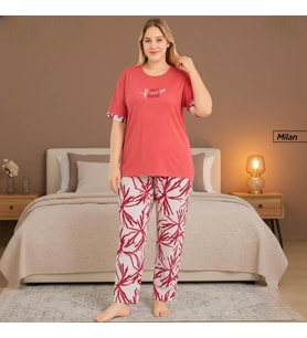 Pijamoni Kadın Milan Büyük Beden Bisiklet Yaka Kısa Kol İnce Pijama Takımı 7665/7K - 1 Adet