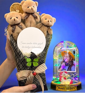 Sizlere Özel Renkli Led Işıklı Biblolu Fanus ve Aynalı Kahverengi Peluş Ayıcık Buketi (Model 10)