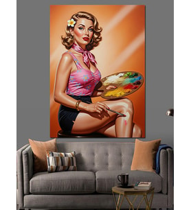 Ressam Pin Up Kız  Dekoratif Kanvas - Mdf Ahşap Tablo