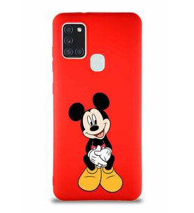 Samsung Galaxy A21S Soft Premier Kapak Mickey Mouse-A Tasarımlı Silikon Kılıf - Kırmızı (Şeffaf)