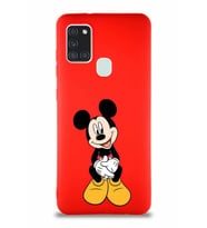 Samsung Galaxy A21S Soft Premier Kapak Mickey Mouse-A Tasarımlı Silikon Kılıf - Kırmızı (Şeffaf)