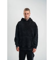 Unisex Uzun Kol Kapşonlu Yıkamalı Nakışlı SweatShirt - Siyah