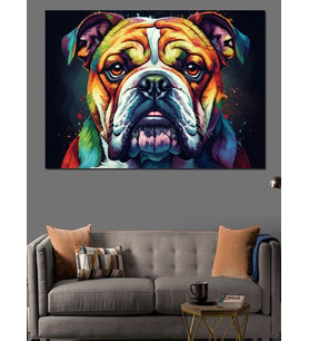 Renkli Bulldog Köpek Portresi Dekoratif Kanvas - Mdf Ahşap Tablo