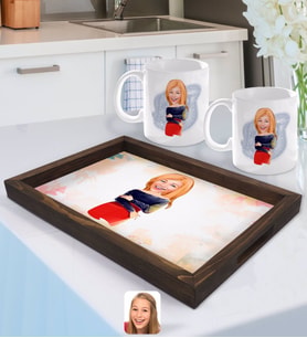 BK Gift Kişiye Özel Kadın Karikatürlü Doğal Ahşap Tepsi ve 2’li Kupa Bardak Seti-12